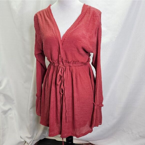 Peach Love California Red Bohemian Surplice Mini Dress Size Small - Picture 2 of 12